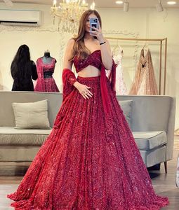 Luxury <b>Wine</b> Red Bridal Lehenga Choli with Heavy Sequins Embroidery Work | Designer Wedding Reception Lehenga for Women - Product Image 2