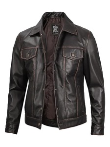 Chaqueta de Cuero Estilo Trucker para Hombre en Color Marrón Oscuro - Product Image 3