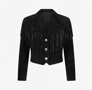 <b>Black</b> Suede Fringed Blazer Full Sleeve Spread Collar Women's Jacket Autumn Solid Color Short Length - Product Image 1
