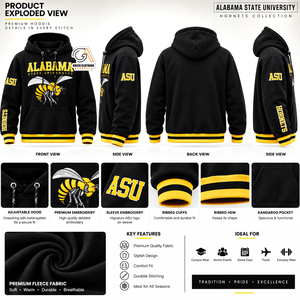 เสื้อฮู้ดสีดำ Alabama State University Hornets สำหรับผู้ชาย ผ้าฟลีซลำลอง พิมพ์ลายโลโก้ผึ้งสีเหลืองด้านหน้า ทรงปกติ ใส่ได้ในฤดูใบไม้ร่วง - Product Image 5