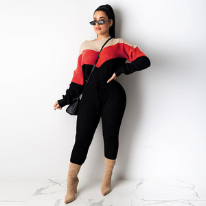 Women's Knitted Color Block <b>Sweater</b> <b>Set</b> With Drawstring Pants Full Sleeve O-Neck Casual Autumn Wear 2 Piece Outfit - Product Image 2