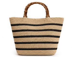 Sac cabas en paille avec poignée en bambou, style bohème rayé, ouvert, pour la plage, sac à main pour femme - Product Image 1