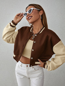 Veste courte de style universitaire pour femme, marron crème, couleur contrastée, manches longues, col boutonné, style streetwear automne - Product Image 3