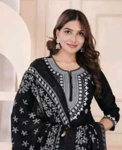 Conjunto de Kurta de Algodón Negro Bordado para Mujer, Largo hasta la Rodilla, con Diseño Floral Hecho a Mano, Estilo Bohemio, Cuello Redondo, Corte Regular, para Verano - Product Image 2
