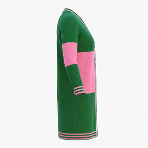 Women <b>Long</b> Sleeve Color Blocked <b>Cardigan</b> Rib Knit Open Front Casual Full <b>Length</b> Green Pink Acrylic Material Anti-Pilling - Product Image 3