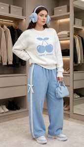 Oneten <b>Women's</b> Light Blue Turtleneck Long Sleeve <b>Top</b> Wide Leg Pants Sporty Loose Fit Autumn Tracksuit Set Zipper Closure - Product Image 4
