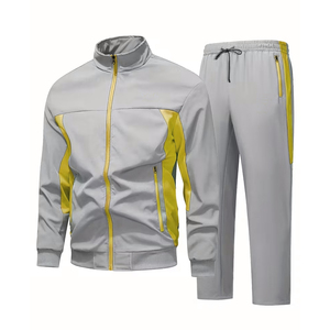 Men Gray <b>Polyester</b> <b>Tracksuit</b> Full Length Stand Collar Elastic Waist Side Pockets Casual Autumn Wear Regular Fit Solid Design Set - Product Image 1