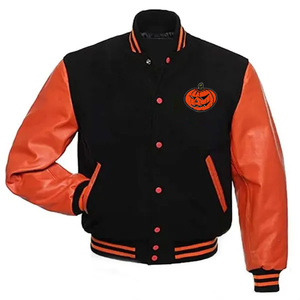 Custom Holiday Theme Varsity <b>Jacket</b> Men Orange <b>Leather</b> Sleeve Patch Bomber <b>Jacket</b> Wholesale Letterman Baseball - Product Image 1