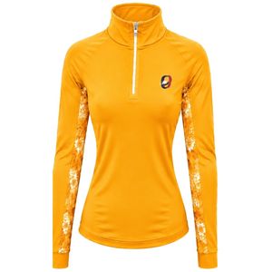 Camiseta Deportiva de Manga Larga con Cierre de Cremallera de un Cuarto para Mujer, Color Naranja Amarillo, con Panel Floral en las Mangas, para Entrenamiento y Ejercicio - Product Image 1