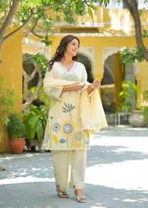 Ensemble élégant pour femmes, Kurti court en coton 60x60 avec motifs floraux bleus, détail col en V et dupatta imprimé pour l'été - Product Image 2