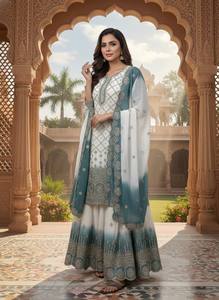 Salwar Kameez en soie blanc et turquoise pour femme avec broderie, tenue de mariage traditionnelle, longueur au sol, coupe classique, Inde Pakistan - Product Image 4