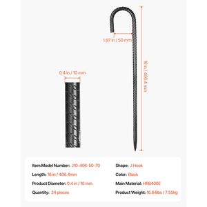Picchetti per Armature a Gancio a J da 16 Pollici per Carichi Pesanti, Ancoraggi a Terra in Acciaio Zincato da 0,4 Pollici di Diametro con Punta a Scalpello, Ancoraggi per Calcestruzzo - Product Image 6