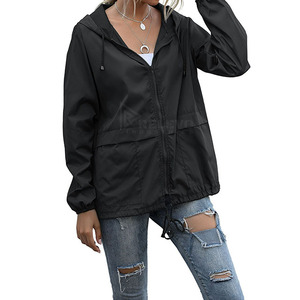 <b>Top</b> Women's Lightweight Hooded Windproof Jacket Full Sleeve <b>Zipper</b> Front Casual Spring Outwear with Side Pockets - Product Image 1