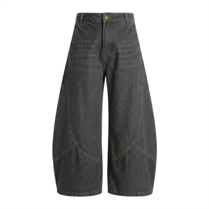 Pantalones Casuales de Mezclilla Lavada Recta de Algodón Transpirable de Cintura Media Personalizados con Bolsillos Delanteros Retro y Pierna Ancha Negros - Product Image 2