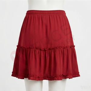 Women's Red <b>Elastic</b> <b>Waist</b> A Line Mini <b>Skirt</b> Ruffled Hem Solid Casual Short Skort - Product Image 2
