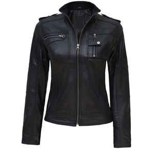 Veste en cuir véritable à double boutonnage et fermeture éclair pour femme, de haute qualité, vente en gros - Product Image 3
