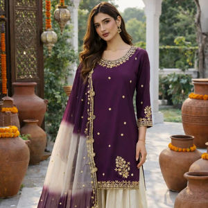 Ensemble Kurti en crêpe français naturel de qualité supérieure avec broderie de sequins de 5 mm et dupatta en organza à imprimé numérique - Product Image 5