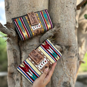 Aztec Saddle Blanket Leather Clutch Handtooled Gamble Carving Mujeres Clutch Bifold Wallet Western Style Wallet - Product Image 2