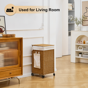 Cesto Portabiancheria in Rattan Intrecciato da 78L con Coperchio e Ruote - Product Image 6