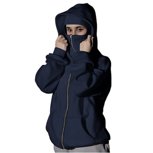 Sweat à capuche unisexe personnalisé OEM avec double capuche zippée, style streetwear hiver, masque ninja intégré, coupe oversize, en polaire épais, imprimé numérique - Product Image 5