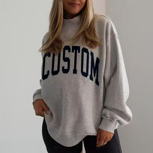 Women's Oversized Crew Neck Sweatshirt Light Blue Custom Letter Print <b>Drop</b> Shoulder Long Sleeve Knitted Cotton Autumn Wear - Product Image 3