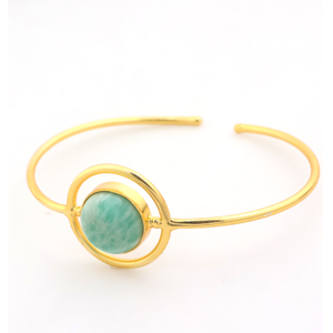 Bracelet de fête classique en Amazonite naturelle taillée ovale, manchette ouverte en laiton plaqué or 18 carats, ajustable, minimaliste, pour femme - Product Image 3