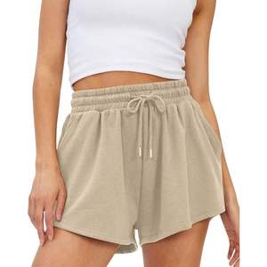 Shorts de Algodón de Cintura Alta para Mujer, Color Sólido, Cintura Elástica con Cordón, Ajuste Holgado, Shorts Deportivos Casuales de Punto - Product Image 3