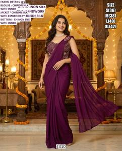 Robe sirène Bandhani moderne à taille naturelle, couleur raisin royal, drapée, avec broderie florale en V, longueur ras du sol - Product Image 1