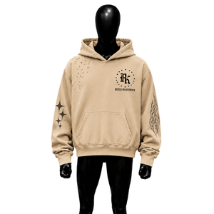 เสื้อฮู้ดดี้สีเบจปักลายสไตล์วินเทจทรงโอเวอร์ไซส์ ผ้าฝ้ายเฟรนช์เทอร์รี่สีแทน ดีไซน์กระเป๋าเสื้อ สไตล์สตรีทแวร์ลำลองสำหรับฤดูหนาว แต่งดีเทลขาดๆ - Product Image 1
