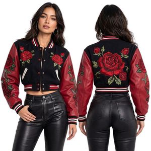 Veste universitaire pour femme en laine méltone épaisse, motif floral écarlate haute densité, à rayures graphiques florales, manches longues et col bandoulière - Product Image 3