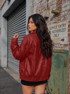 Blouson Bomber Rouge Femme Style Moto avec Fermeture Éclair Col Rabattu Coupe Ample Tendance Automne - Product Image 4