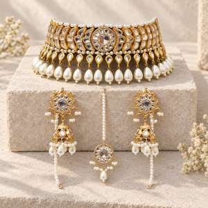 Venta al por Mayor de Conjuntos de Joyería Nupcial Chapados en Oro con Perlas, Collar de Gargantilla, Pendientes Jhumka y Tikka, Fabricante al por Mayor - Product Image 5