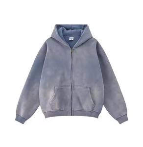 Sudadera con capucha para hombre, extragrande, corta, con cremallera, de doble capa, con efecto desgastado, teñida con efecto ácido, rosa, con cremallera, en blanco, con acabado desgastado y rotos - Product Image 5