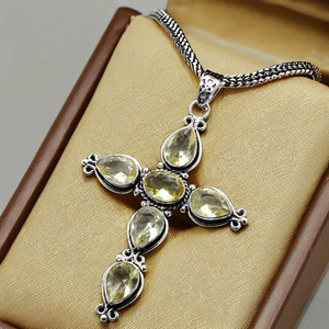 Hecho a mano 925 plata esterlina bisel ajuste Cruz colgante limón cuarzo piedras preciosas 10x14mm rodio chapado en oro para Mujeres Hombres - Product Image 3