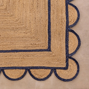 Handmade Natural Jute Area <b>Rug</b> Navy Blue Border Scalloped Square <b>Rug</b> <b>Boho</b> Farmhouse Carpet for Living Room Bedroom Entryway - Product Image 4