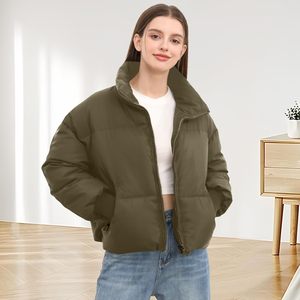 Women's Olive Green <b>Waterproof</b> Canvas <b>Coat</b> Regular <b>Length</b> Stand Collar <b>Full</b> Sleeve Zipper Closure Casual Winter Outerwear - Product Image 5