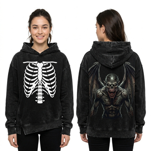 Custom Black Distressed Hoodie Women Skeleton Ribs Front Graphic Winged Monster <b>Back</b> Print Vintage Heavyweight Sweatshirt OEM - Product Image 1