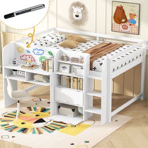 Letto a soppalco basso bianco a una piazza e mezza con scrivania integrata, armadietti contenitori, libreria aperta e lavagna bianca per graffiti - Letti per bambini ETA 7/8 - Product Image 1