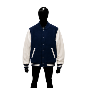 Veste universitaire en laine bleu marine personnalisée avec manches contrastées blanches, veste de baseball classique pour hommes et femmes, vente en gros - Product Image 1