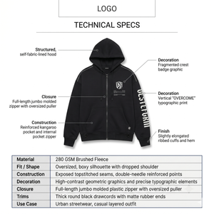 Sudadera con capucha extragrande y corte holgado para hombre, con cremallera completa, 280 g/m², chenilla cepillada, estilo Techwear y Streetwear, con parche OEM personalizado, de gran gramaje. - Product Image 5