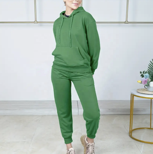 Ensemble sportif décontracté deux pièces pour femmes solide sweat à capuche mince cordon de serrage poche kangourou assorti taille haute maigre ample - Product Image 6