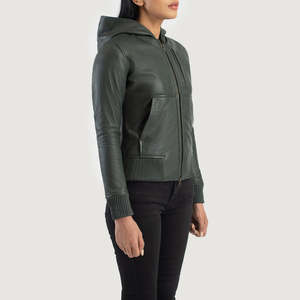Furat Leathers Green Hooded Sheep Skin Leather Eco-Friendly Quilted Breathable Winter Women's <b>Biker</b> <b>Jacket</b> Stand Detachable - Product Image 3