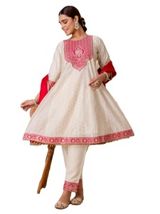 Ivory & Crimson Chanderi Silk Embroidered Kurta Set with Dupatta Traditional Indian Pakistani Salwar Kameez Suit <b>Ankle</b> length - Product Image 2