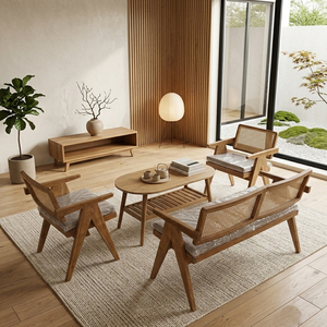 Modern Scandinavian Malmo Teak Rattan Non-Foldable Living Room Set Natural Finis Premium Oval Coffee Table Shelf <b>Cane</b> <b>Sofa</b> Hotel - Product Image 6