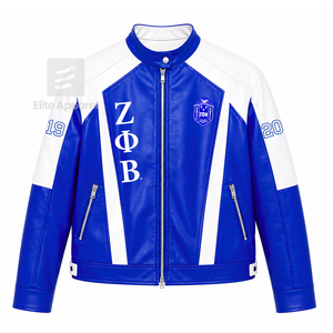 Veste en cuir personnalisée Zeta Phi Beta Sorority bleue et blanche avec logo brodé, style décontracté pour femme, doublure en polyester - Product Image 1