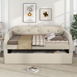 Divano Letto Singolo Beige Imbottito con Letto Estraibile e Struttura in Legno a Doghe - Product Image 2