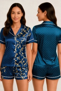 Ensemble de pyjama en satin bleu à pois pour femmes, manches courtes, col rabattu, fermeture à boutons, vêtements de nuit d'été - Product Image 1