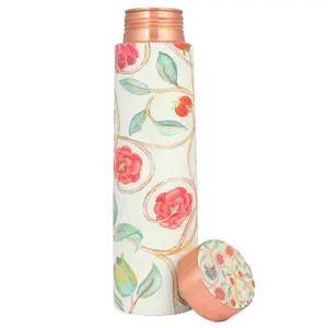 Bouteille d'eau artisanale en cuivre avec deux motifs floraux en verre meena, base couleur crème, fleurs multicolores, ensemble de bouteilles en cuivre - Product Image 6