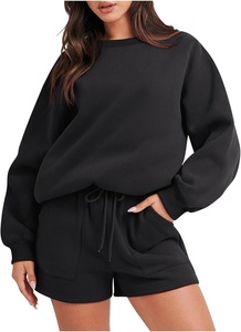 Women's Black Knitted <b>Long</b> Sleeve <b>Sweatshirt</b> With Shorts Set Crew Neck Loose Fit Casual All Seasons Wear Cotton 2 Piece - Product Image 4