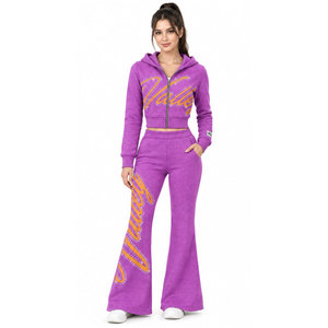 Survêtement violet à capuche pour femme, fermeture éclair intégrale avec poches latérales, motif lettres imprimé par transfert thermique, style décontracté - Product Image 5